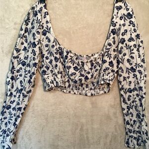 Elegant Smocked Cropped Top Blue Floral Women's Blouse